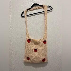 Pink Knit Tote Bag with Red strawberry Accents